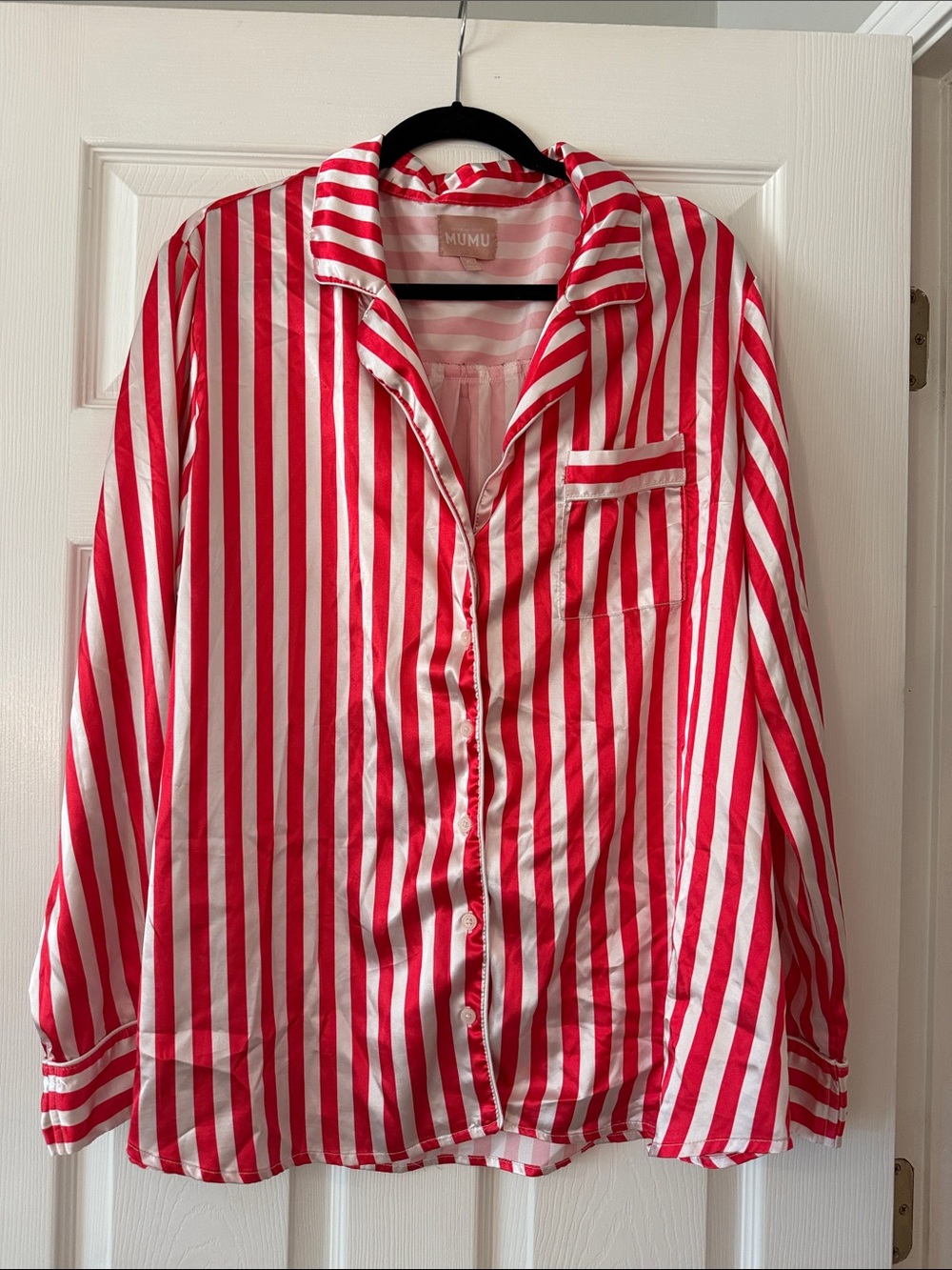 Show Me Your MuMu Red & White Striped Satin Pajama Shirt